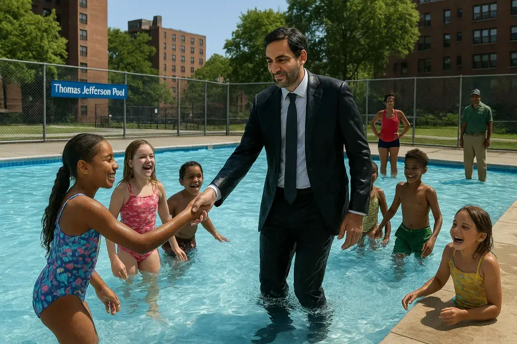 New York Mayor Mamdani Jumps Into Public Pool, Suit and All, to Open Summer Season